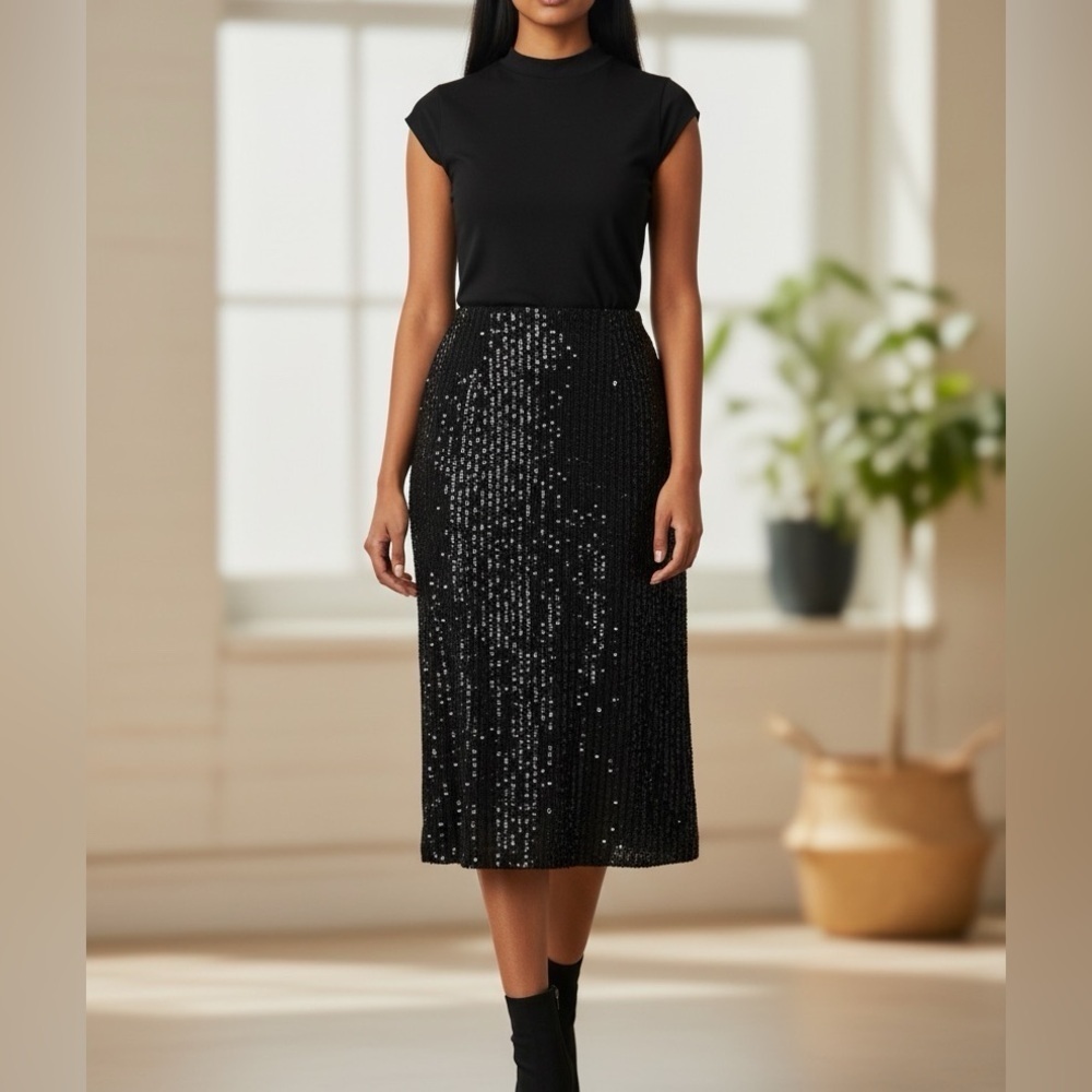 CeCe Black Sequin Midi Skirt Small NWT
